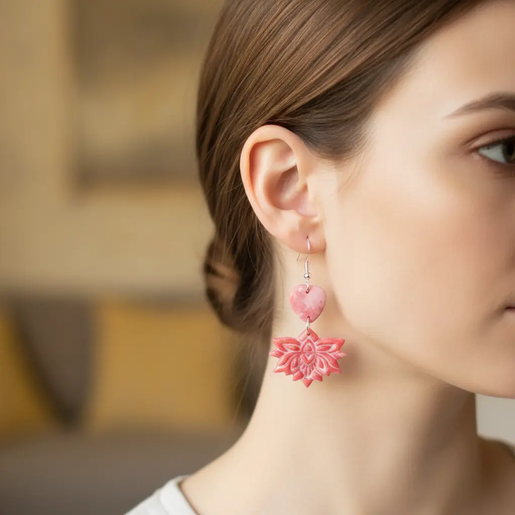 AI Generated Mise en situation des boucles d'oreilles Lotus Rose et Coeur
