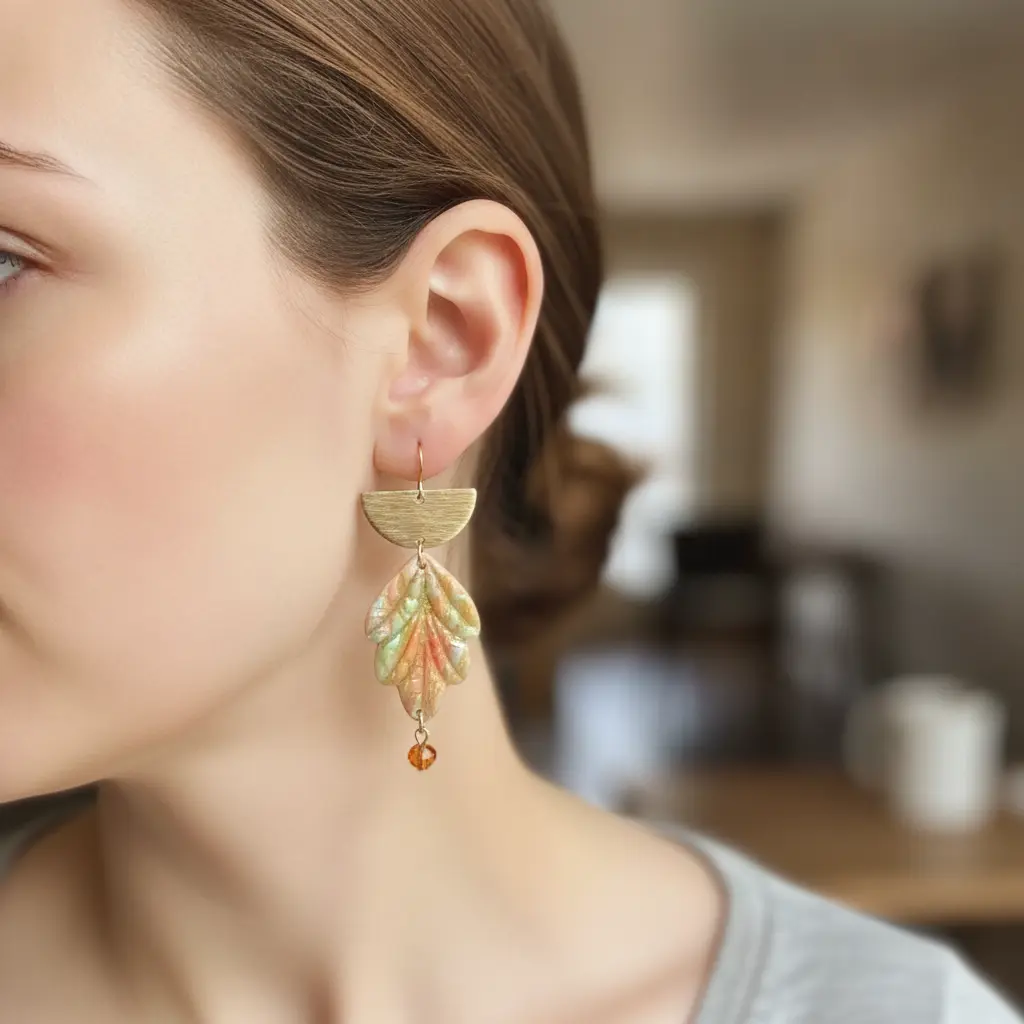 AI Generated Mise en situation boucles d'oreilles feuilles version pendante