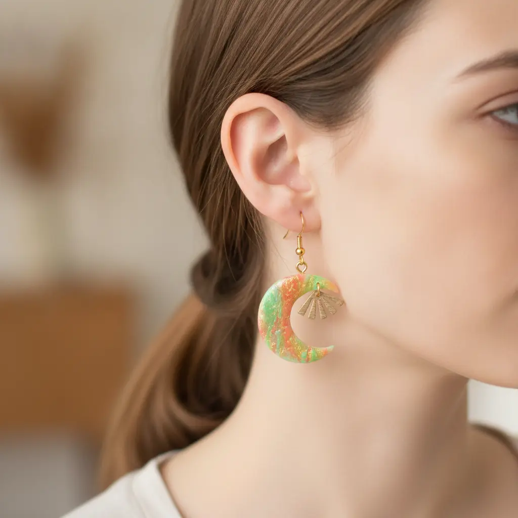 AI Generated Mise en situation des boucles d'oreilles Lunes Marbrées et Soleil