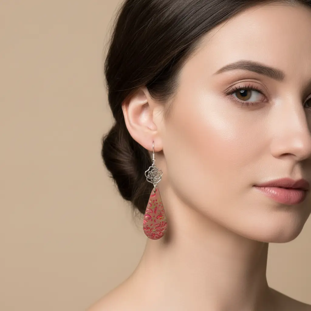 AI Generated Mise en situation des boucles d'oreilles gouttes texturées et rose argentée