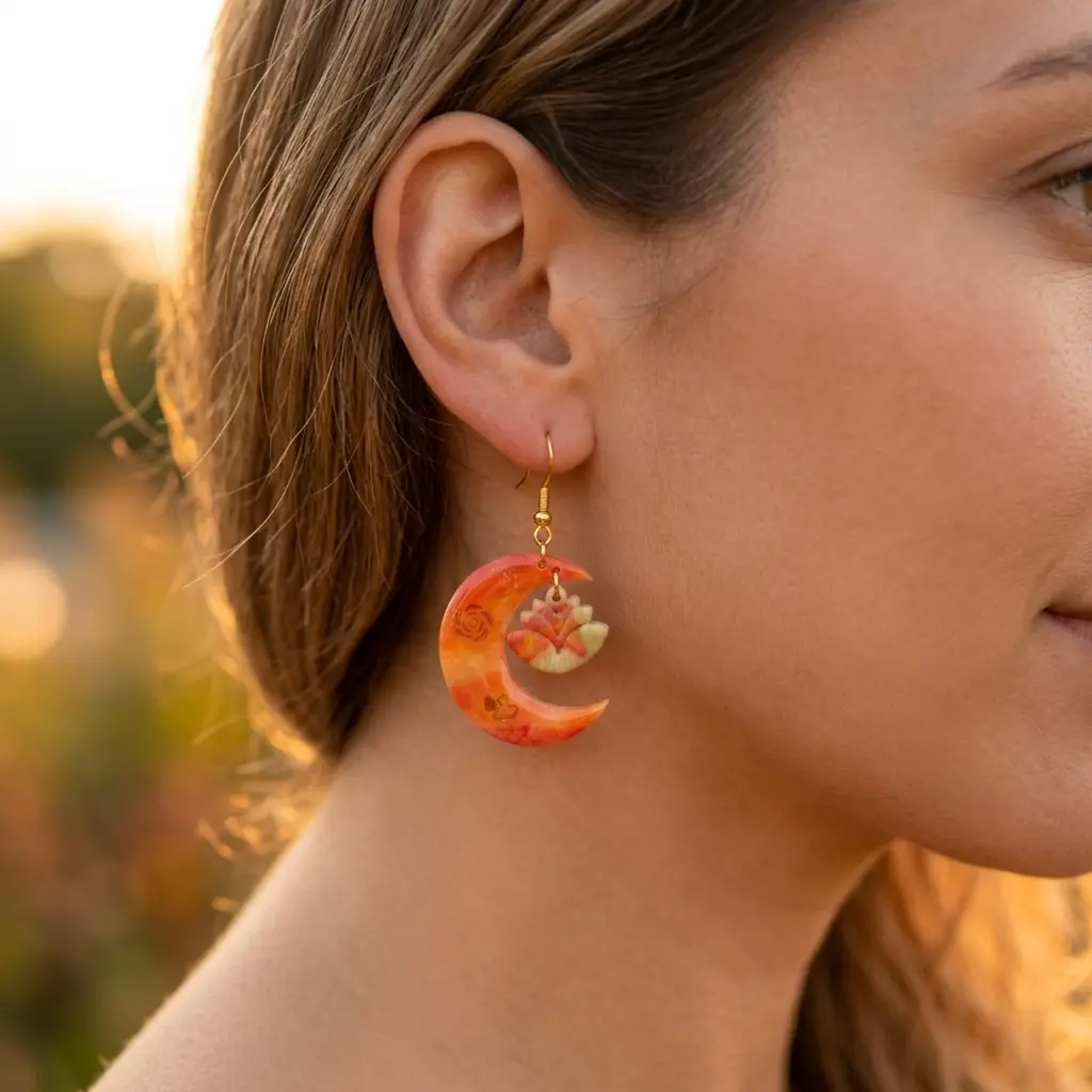 AI Generated Mise en situation Aurore boucles d'oreilles lune - Gros plan porté