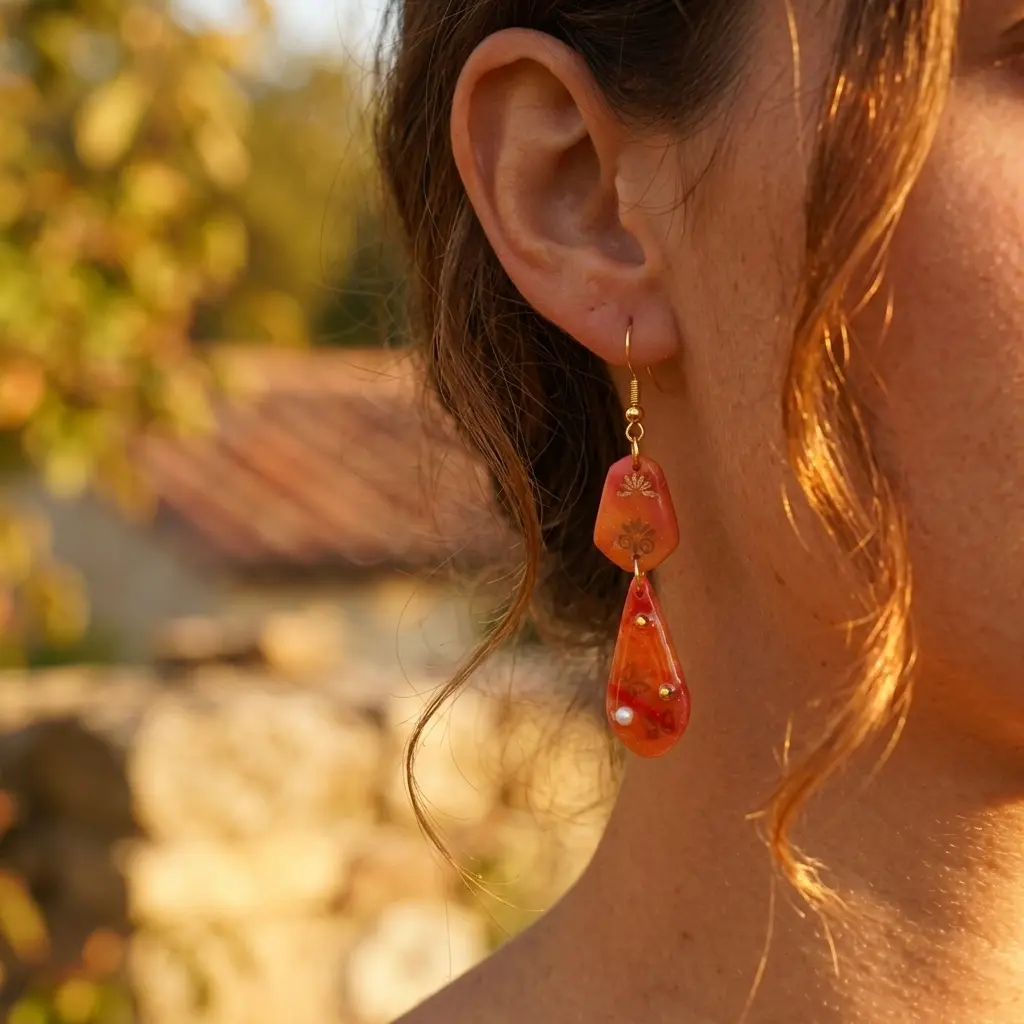 AI Generated Mise en situation boucles d'oreilles Aurore - Ambiance coucher de soleil