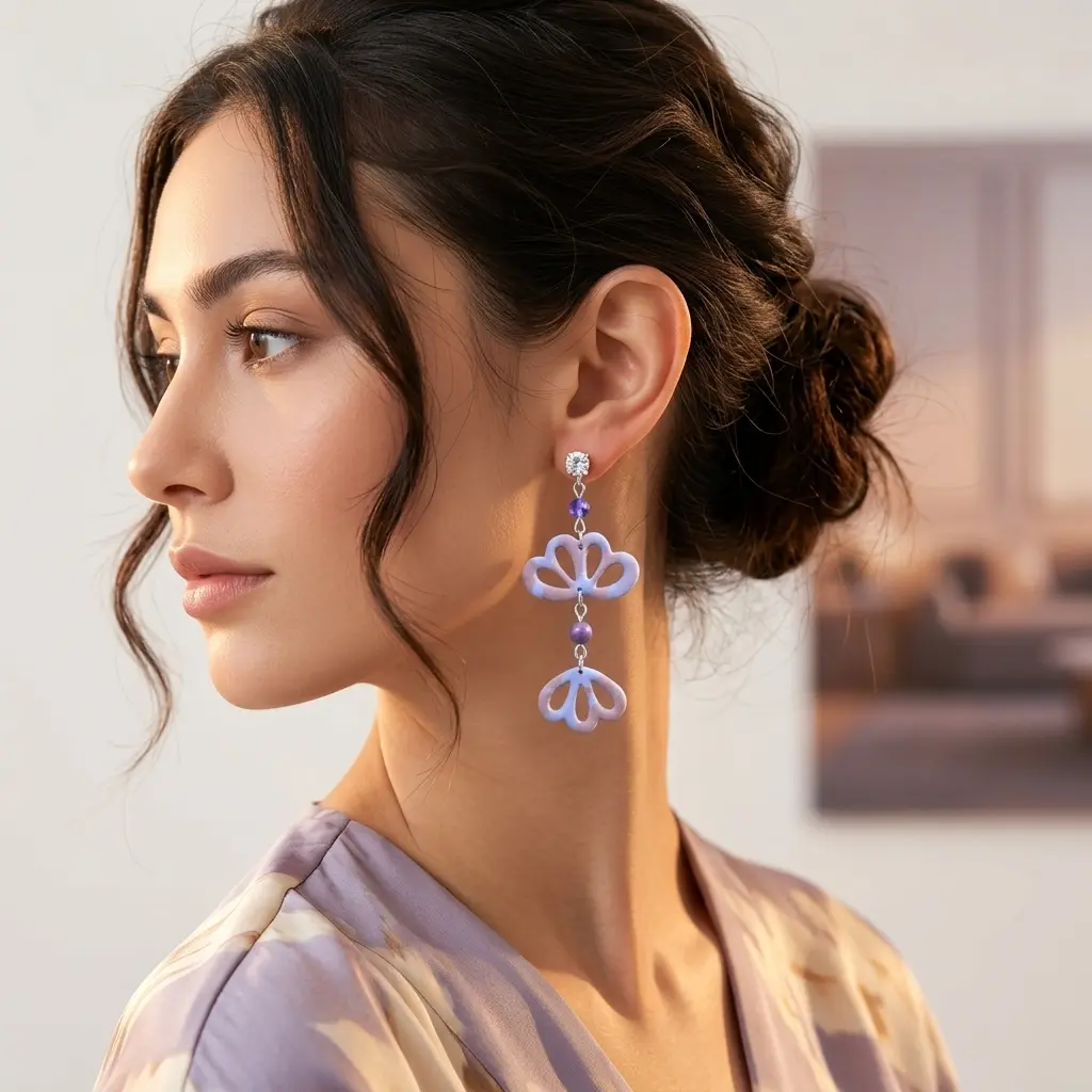 AI Generated Mise en situation boucles d'oreilles Violetta - Portées par un mannequin