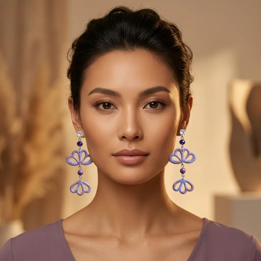 AI Generated Mise en situation boucles d'oreilles Violetta - Vue de face sur mannequin