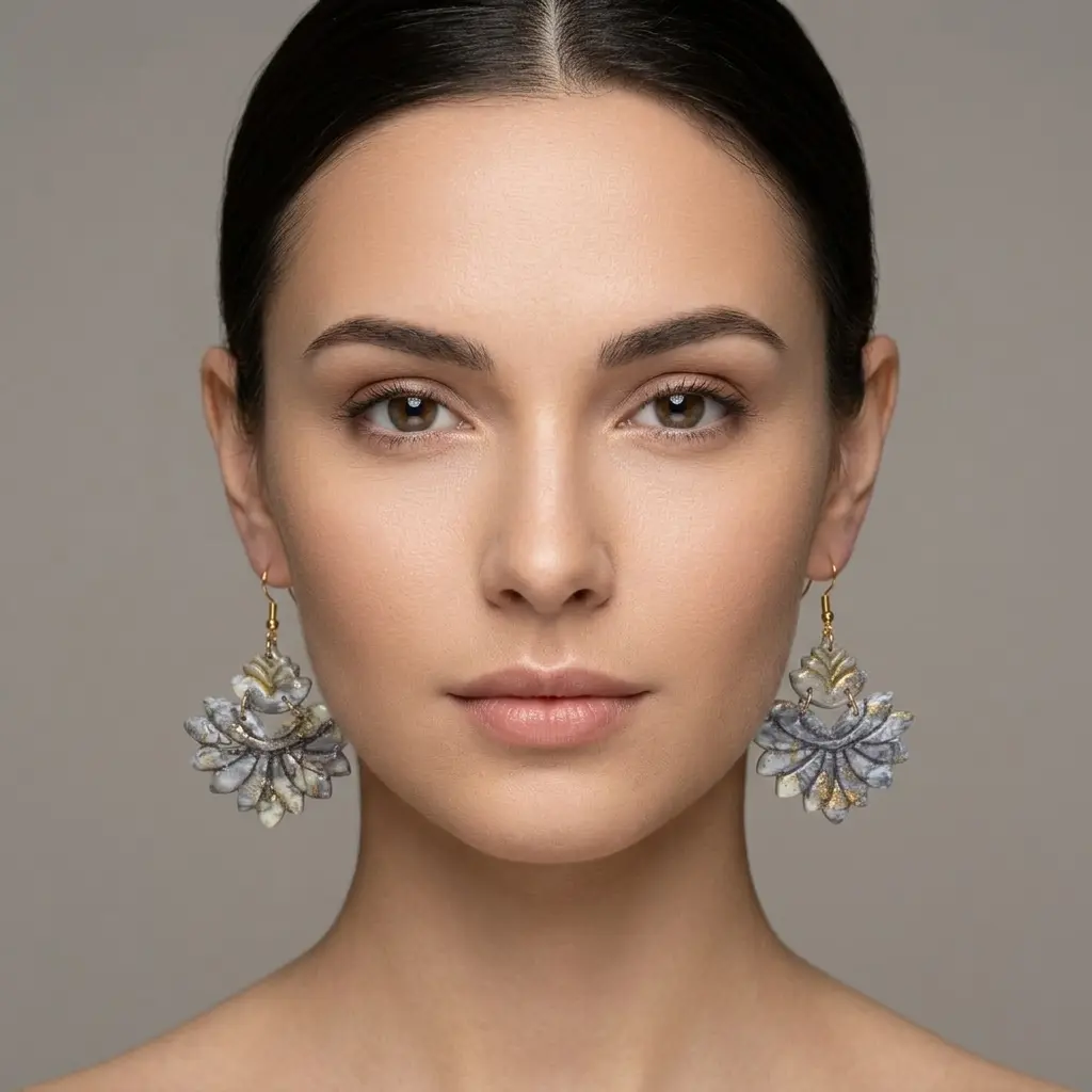 AI Generated Vue de face des boucles d'oreilles Nébuleuse portées par un mannequin