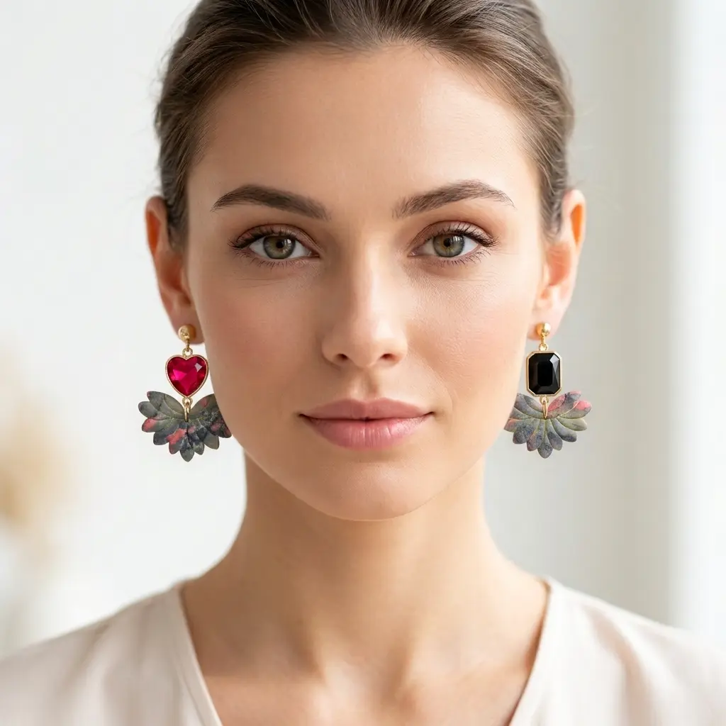 AI Generated Vue de face lumineuse des boucles d'oreilles Nébuleuse sur mannequin