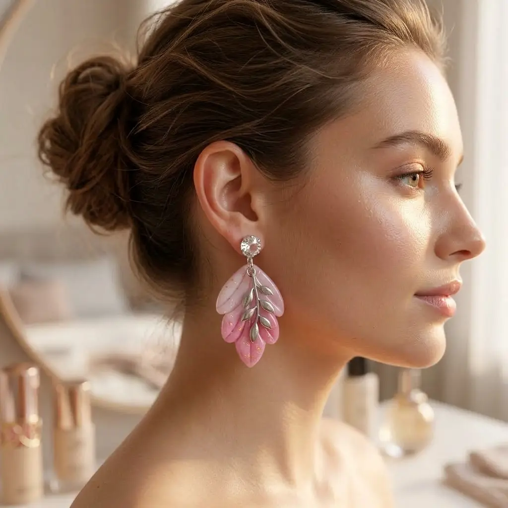 AI Generated Boucles d'oreilles Rosaline portées par un mannequin