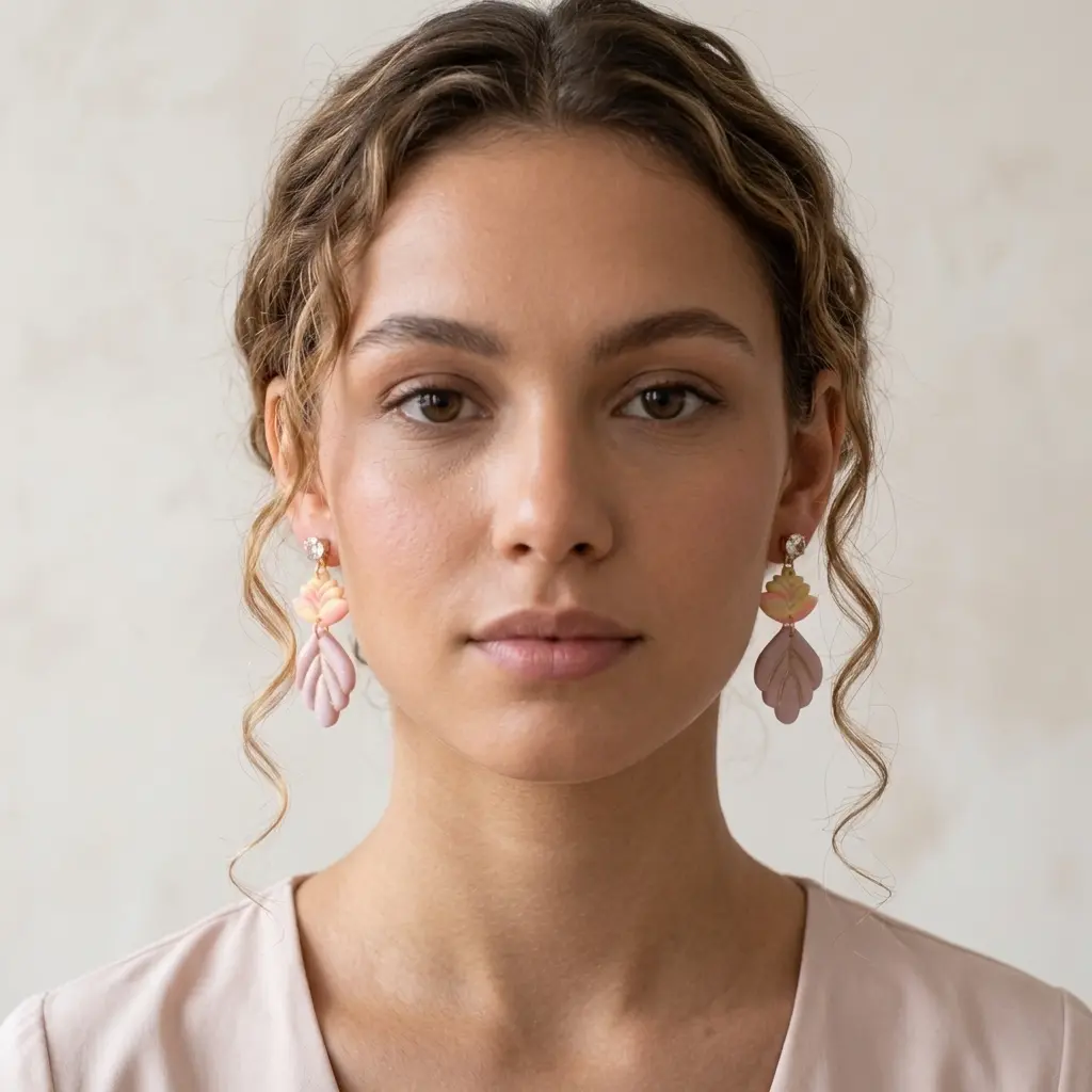 AI Generated Vue de face boucles d'oreilles Rosaline sur mannequin