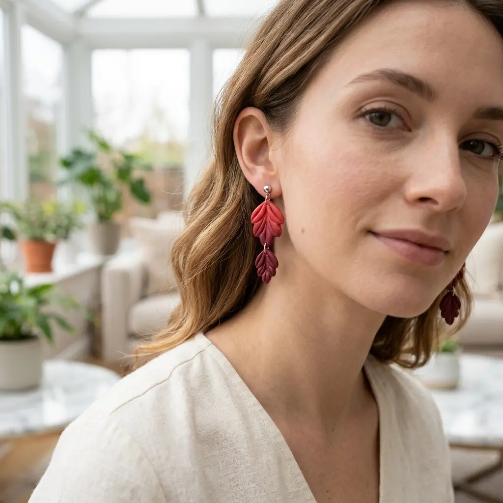 AI Generated Boucles d'oreilles Rubis portées par un mannequin