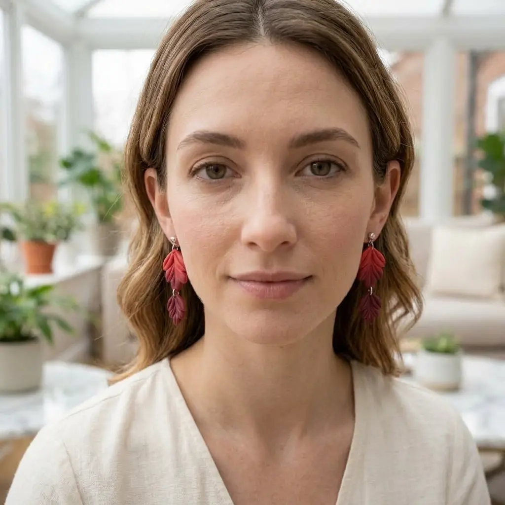 AI Generated Boucles d'oreilles Rubis portées - Vue de face