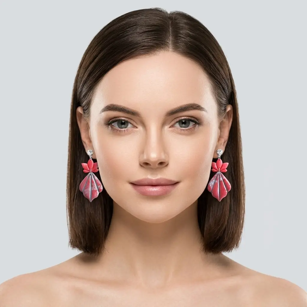 AI Generated Boucles d'oreilles Rubis - Vue de face sur mannequin