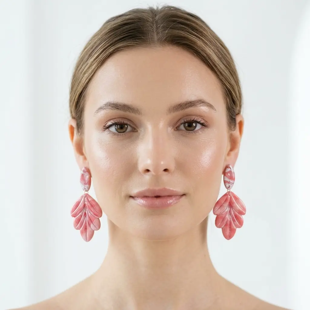 AI Generated Boucles d'oreilles Rubis - Vue de face sur mannequin humain