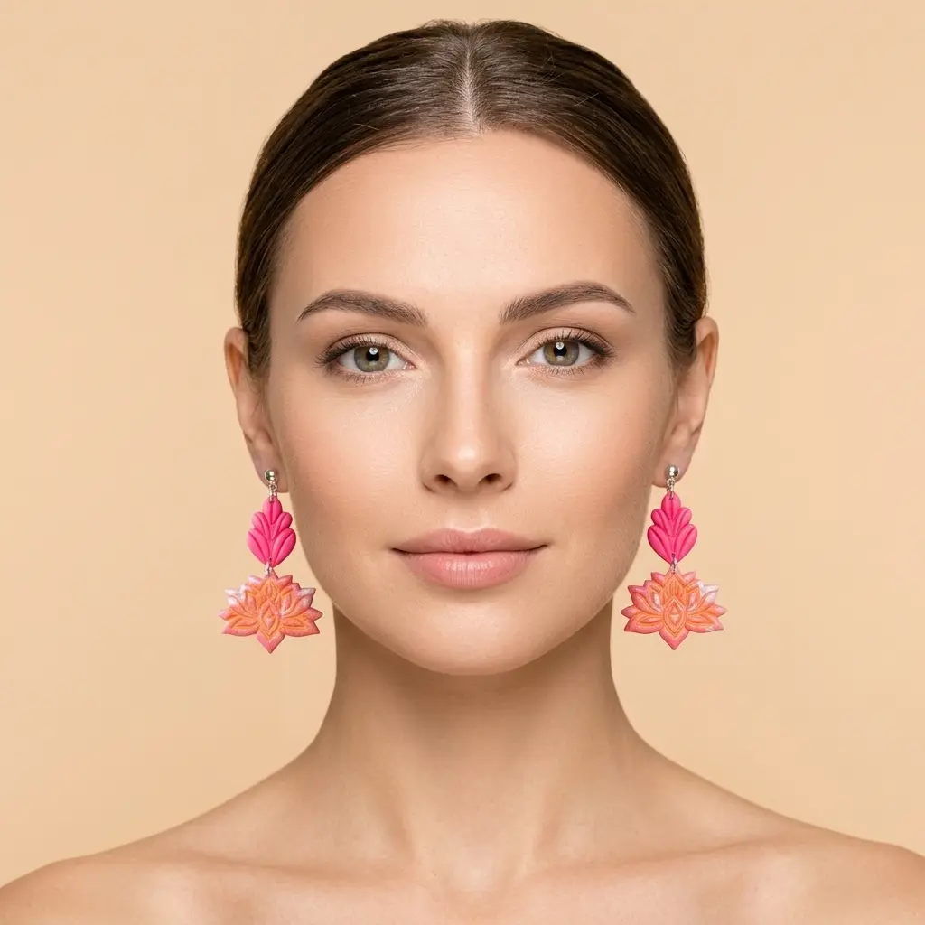 AI Generated Vue de face - Boucles d'oreilles Rubis sur mannequin
