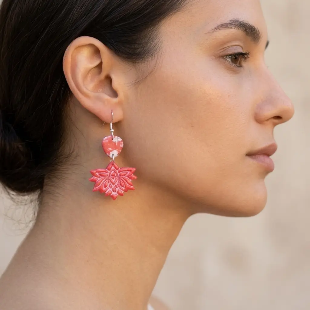 AI Generated Boucles d'oreilles Rubis portées par un mannequin