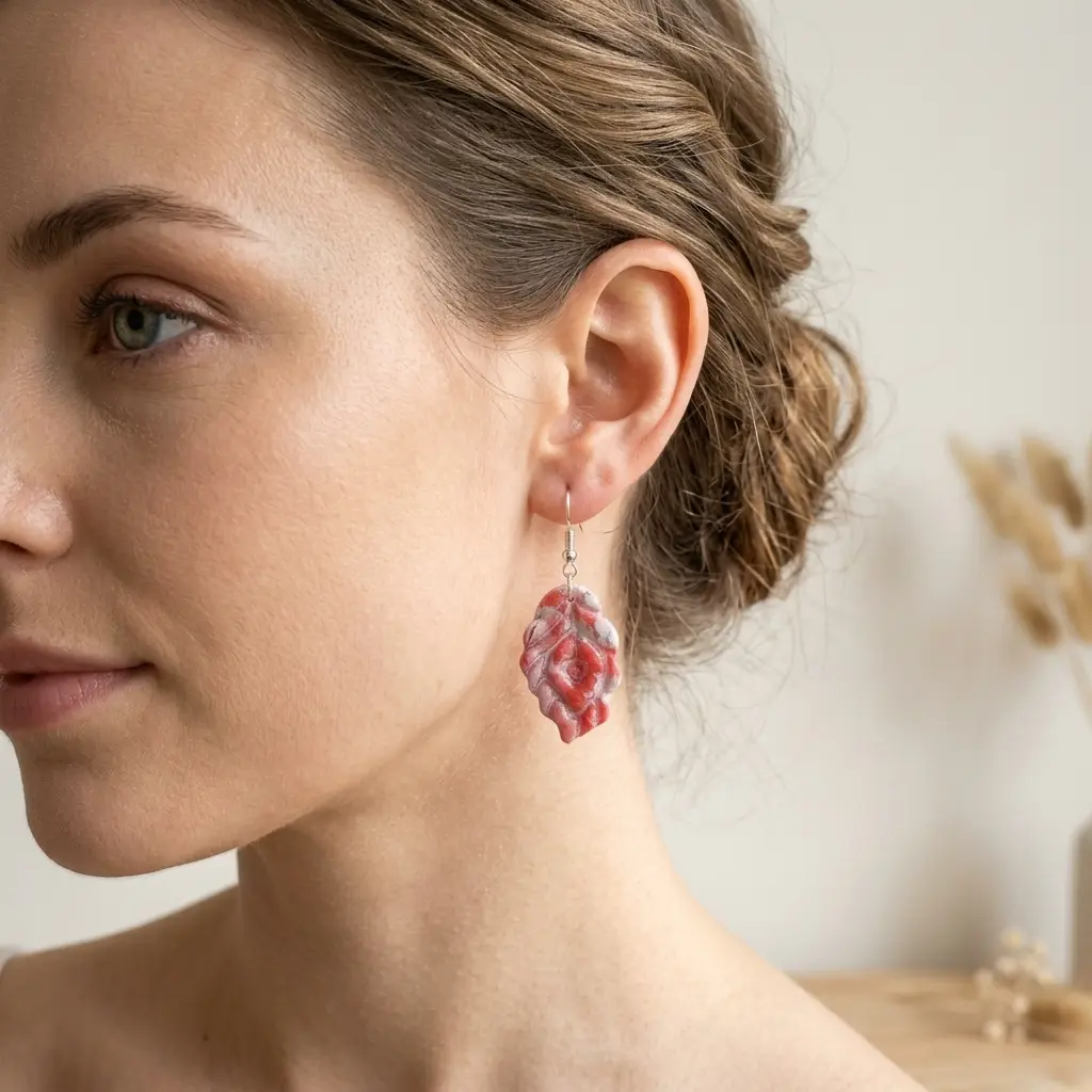 AI Generated Mise en situation boucles d'oreilles Rubis sur mannequin
