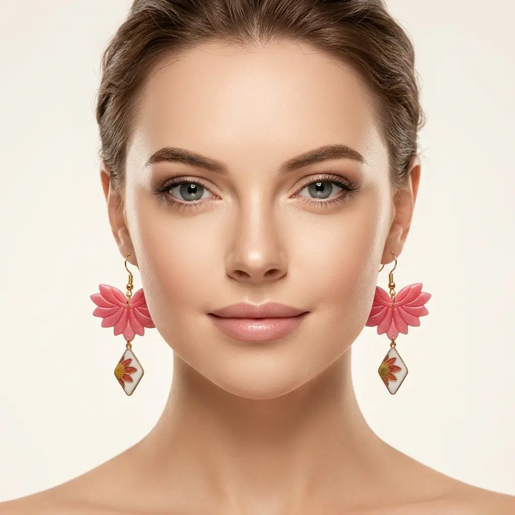 AI Generated Boucles d'oreilles Rubis - Vue de face sur mannequin