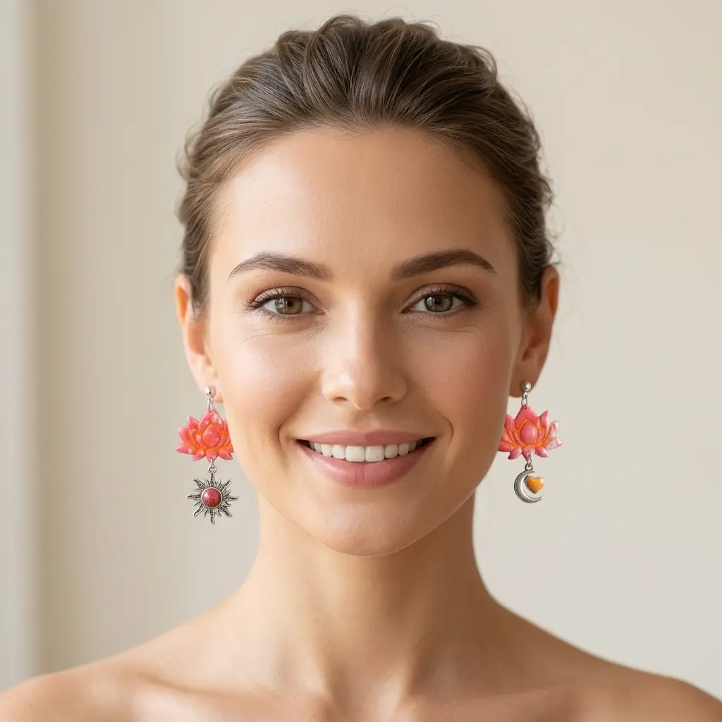 AI Generated Boucles d'oreilles Rubis portées de face