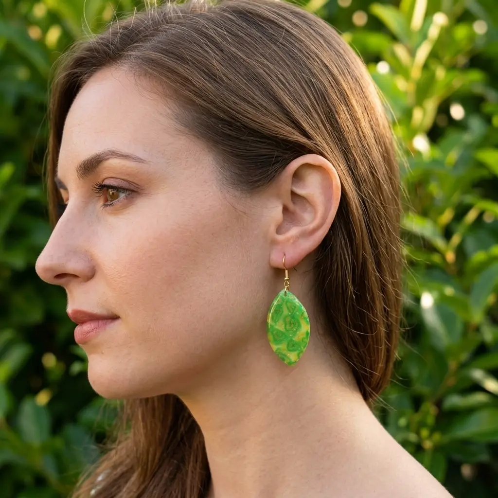 AI Generated Boucles d'oreilles Verdoyantes portées par un mannequin