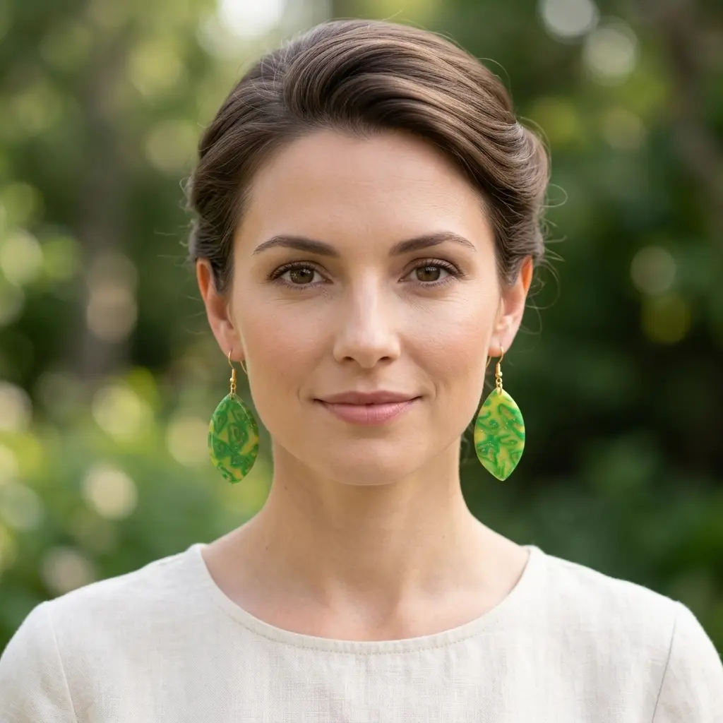 AI Generated Boucles d'oreilles Verdoyantes - Vue de face sur mannequin