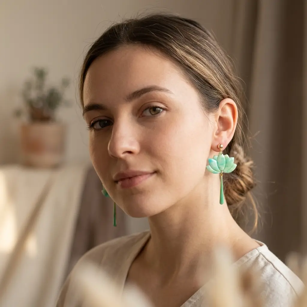 AI Generated Boucles d'oreilles Verdoyantes portées par un mannequin