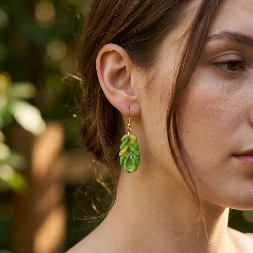 AI Generated Boucles d'oreilles Verdoyantes portées sur mannequin