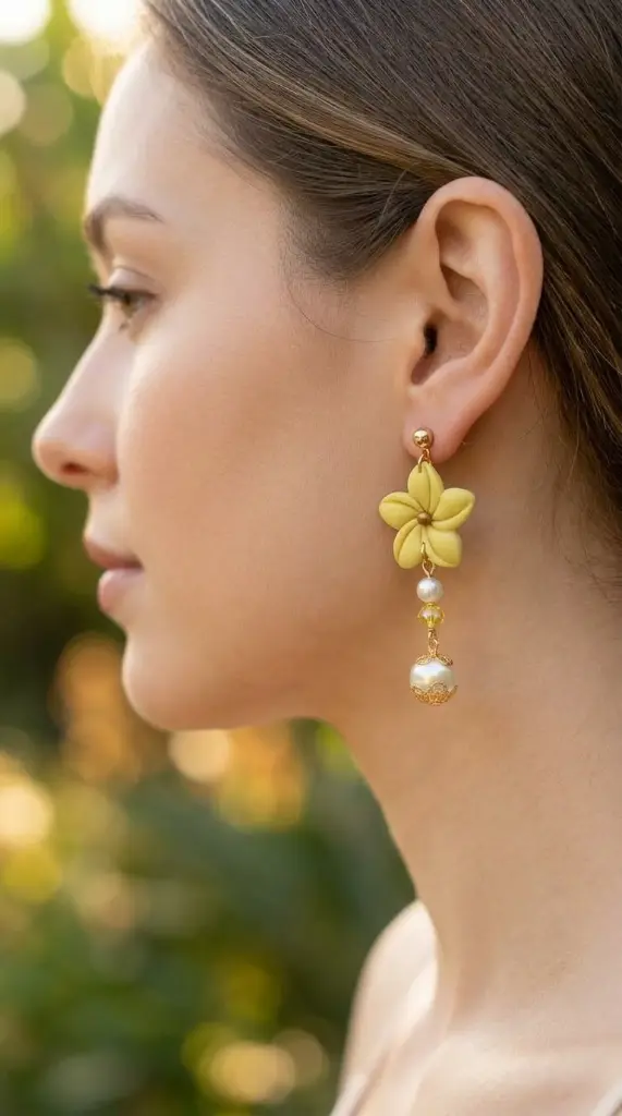 AI Generated Boucles d'oreilles fleur jaune portées par un mannequin