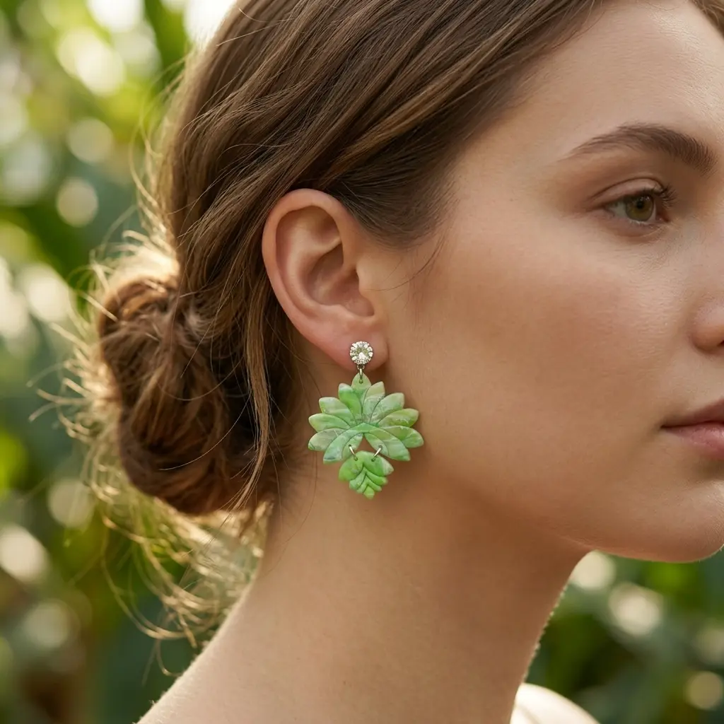 AI Generated Boucles d'oreilles Verdoyantes portées par un mannequin