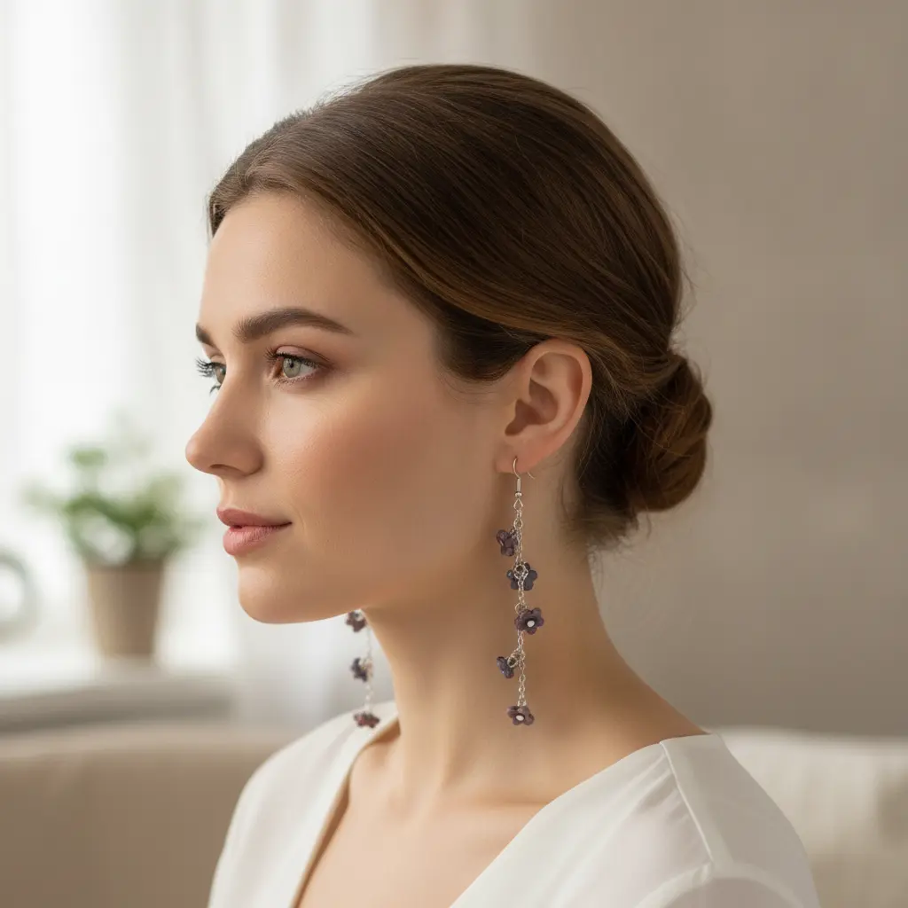 AI Generated Mise en situation boucles d'oreilles fleurs multiples sur chaîne