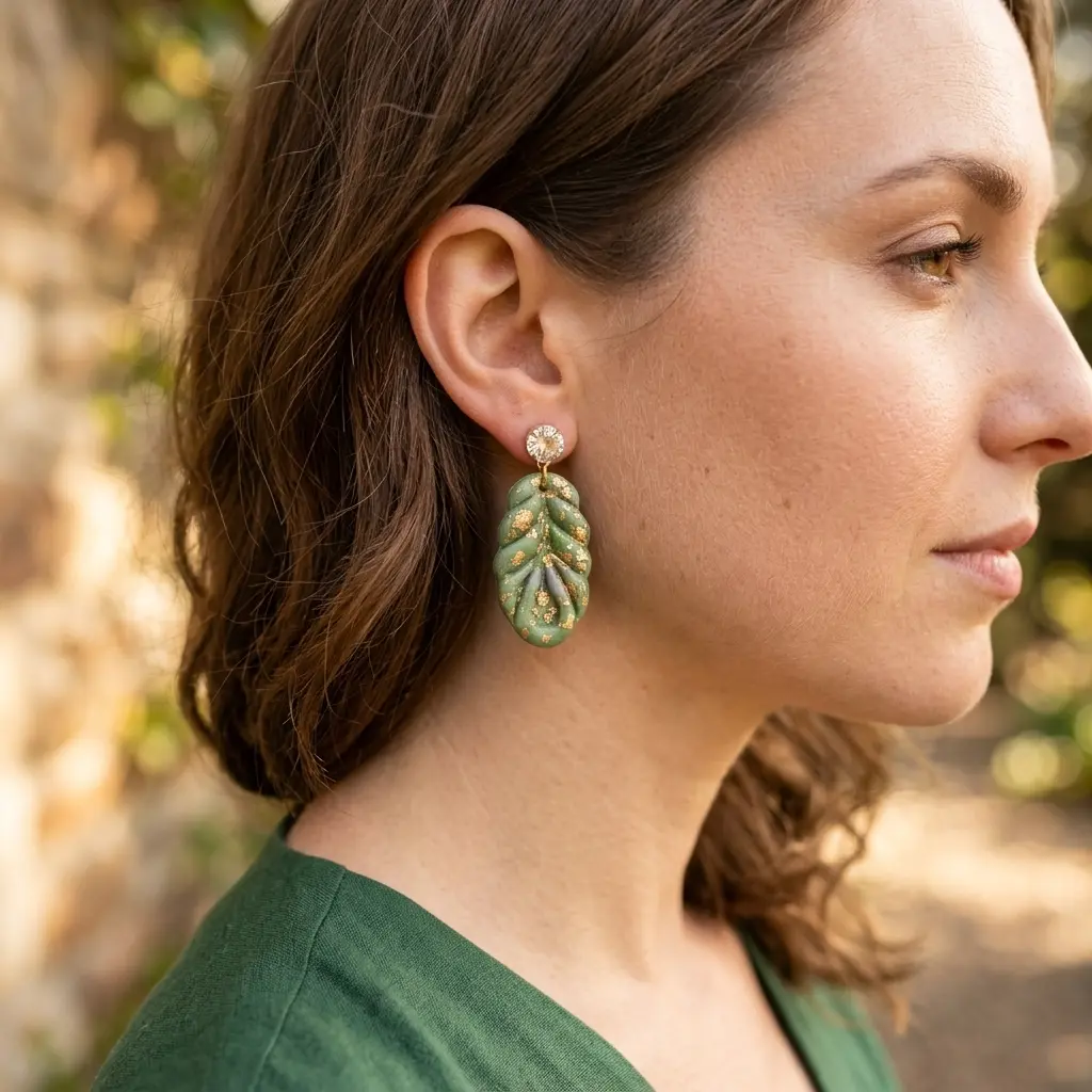 AI Generated Boucles d'oreilles Verdoyantes portées par un mannequin