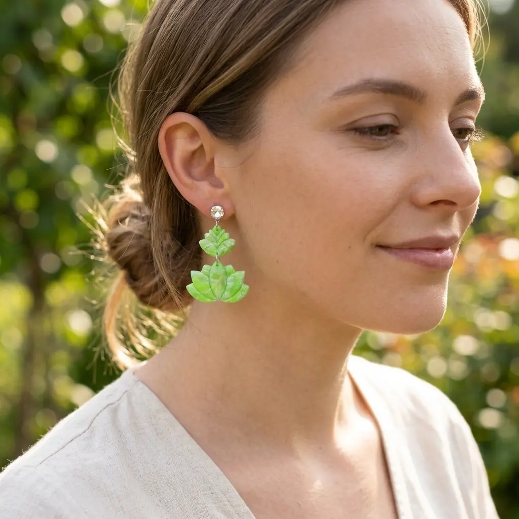 AI Generated Boucles d'oreilles Verdoyantes portées par un mannequin
