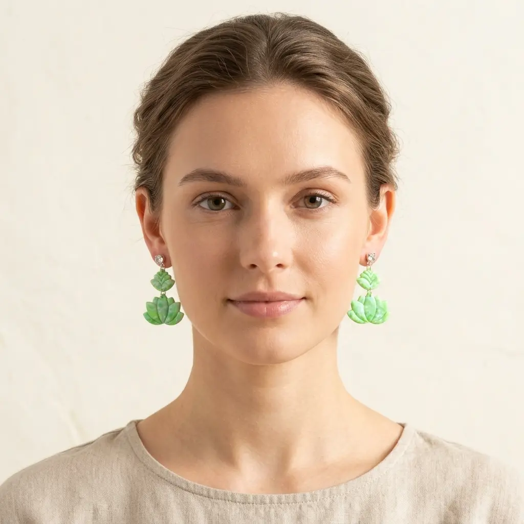 AI Generated Portrait de face des boucles d'oreilles Verdoyantes