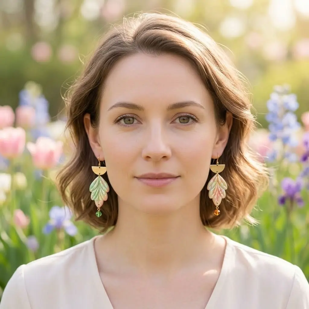AI Generated Portrait de face boucles d'oreilles Feuilles de Printemps