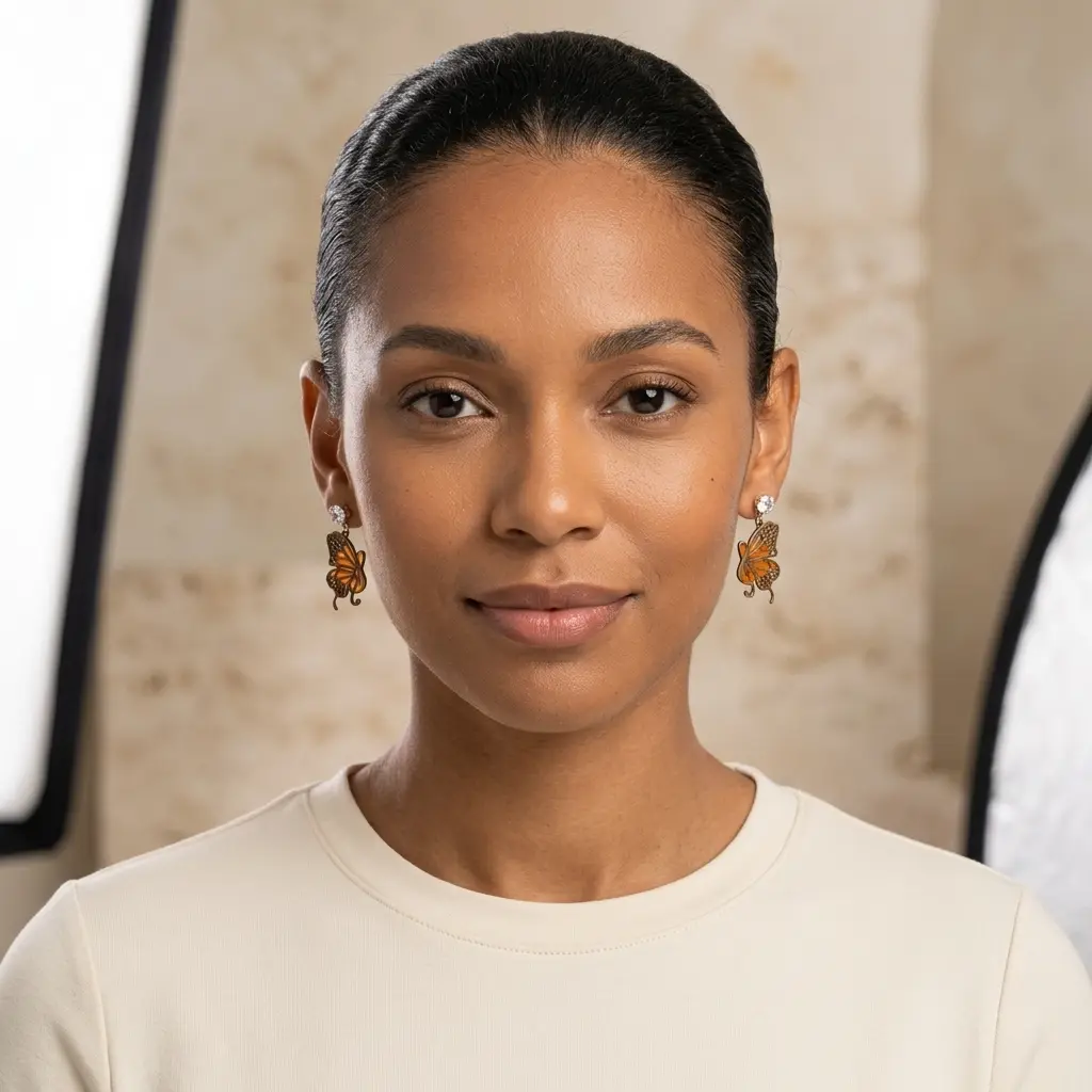 AI Generated Portrait de face avec boucles d'oreilles Papillon d'Ambre (taille réduite)
