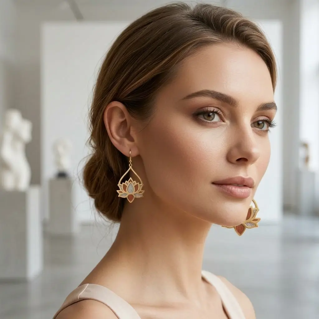 AI Generated Boucles d'oreilles Lotus de Saphir plus petites sur mannequin