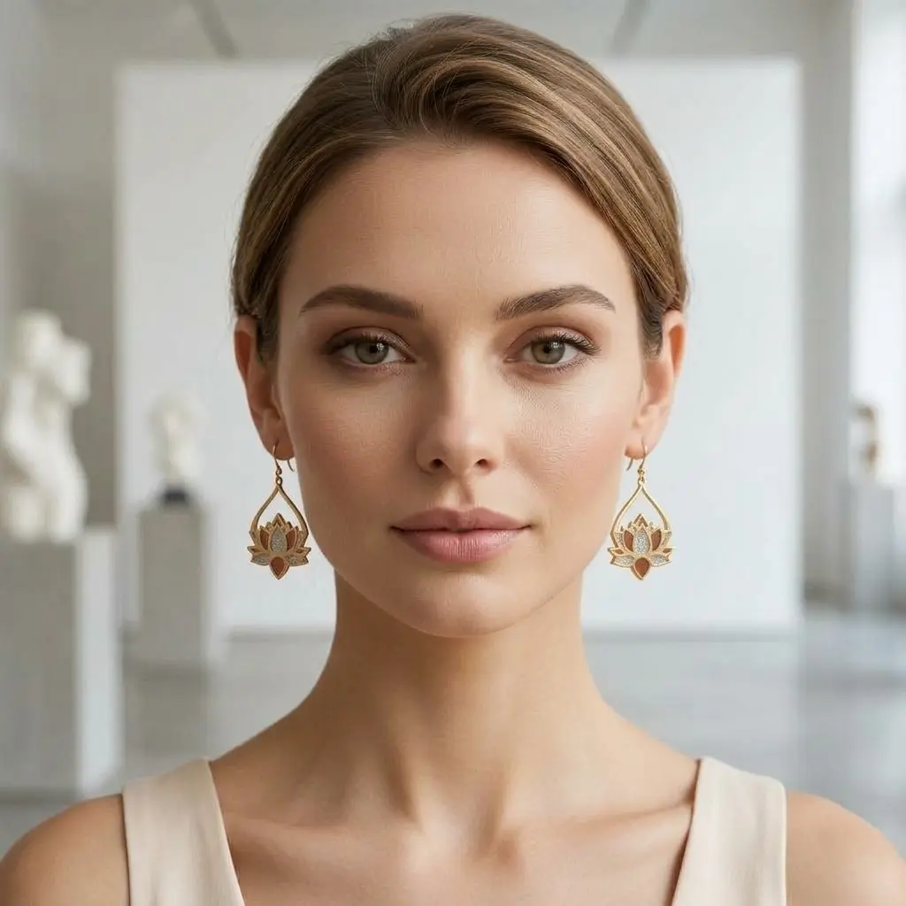 AI Generated Boucles d'oreilles Lotus de Saphir - vue de face sur mannequin