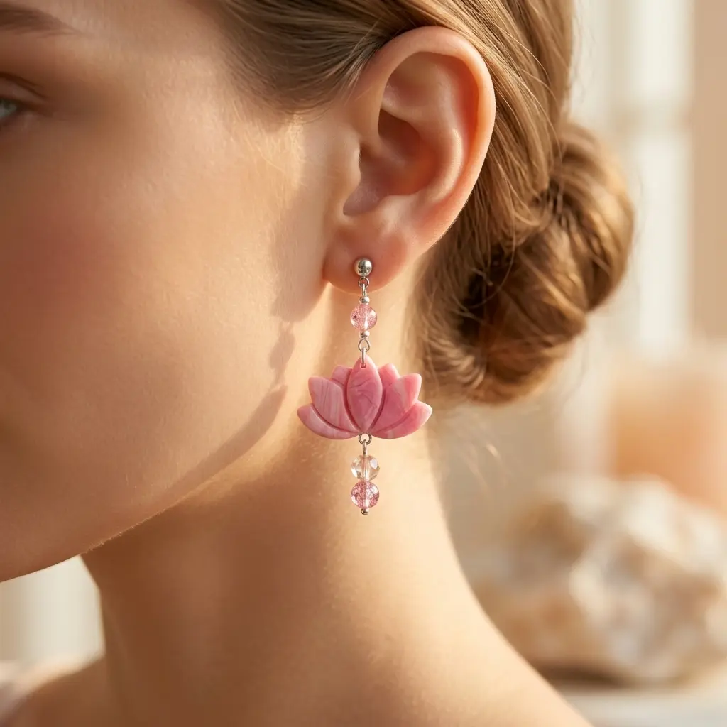 AI Generated Boucles d'oreilles Lotus portées par un mannequin