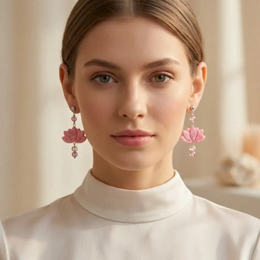 AI Generated Boucles d'oreilles Lotus rose - Vue de face