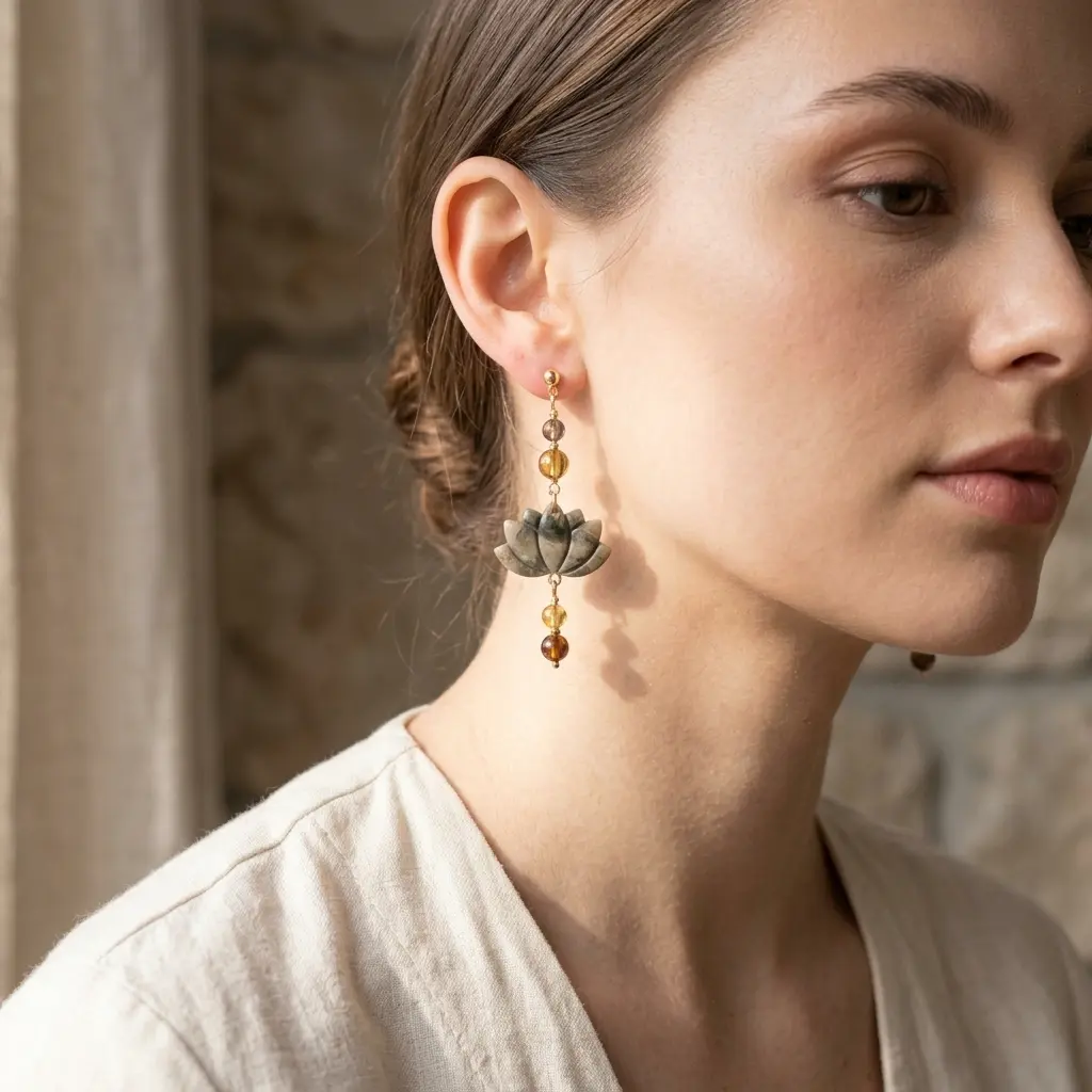 AI Generated Boucles d'oreilles Lotus d'Obsidienne sur mannequin