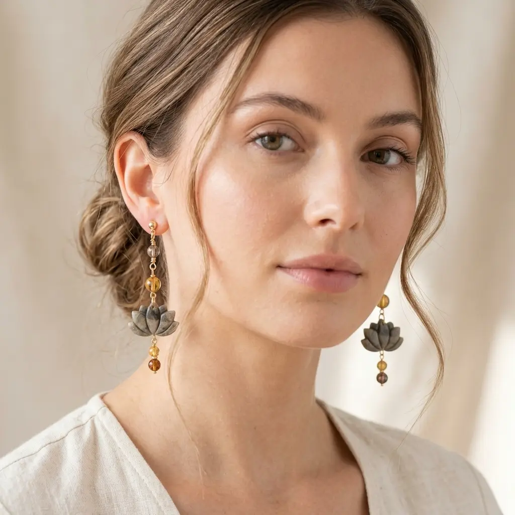 AI Generated Vue de face - Boucles d'oreilles Lotus d'Obsidienne sur mannequin