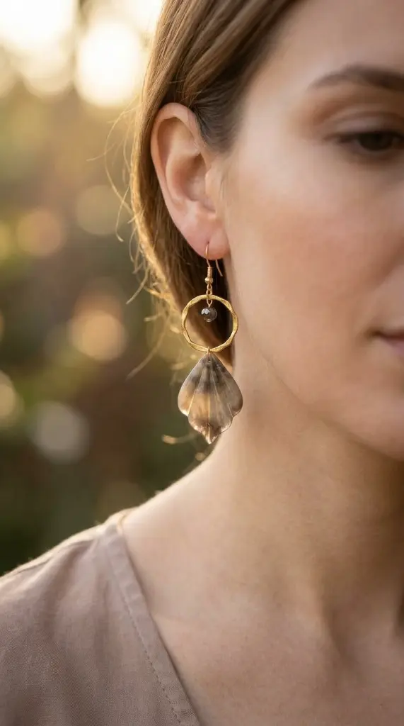 AI Generated Boucles d'oreilles Feuille d'Ambre sur mannequin