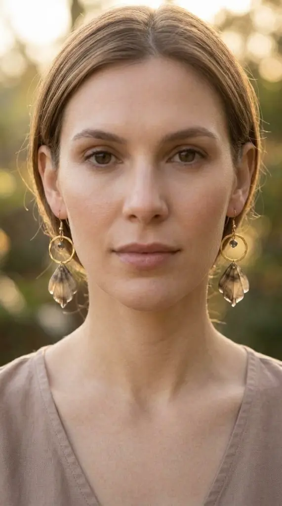 AI Generated Boucles d'oreilles Feuille d'Ambre - Vue de face sur mannequin