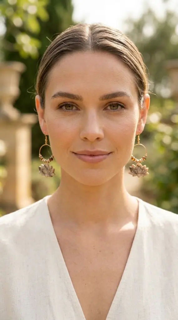 AI Generated Boucles d'oreilles Lotus Sépia - Vue de face sur mannequin