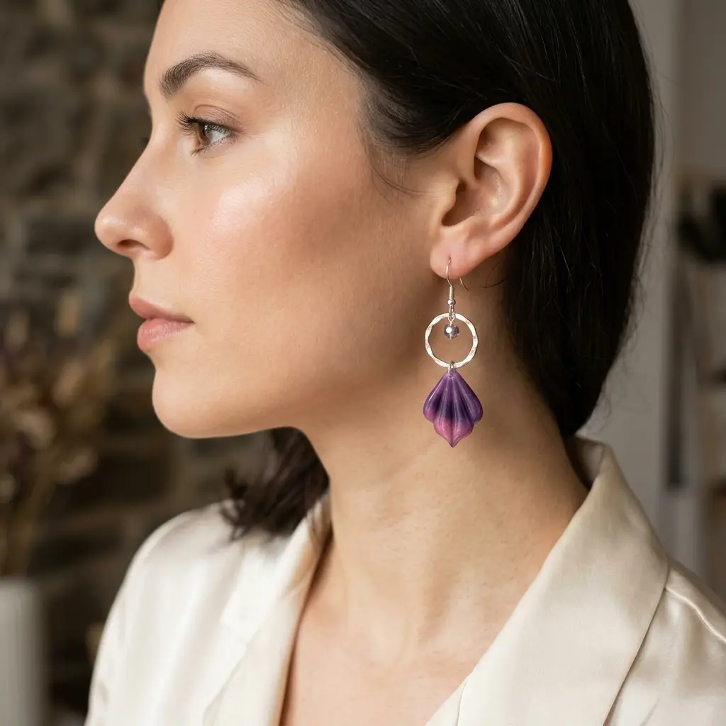AI Generated Boucles d'oreilles Éclat d'Améthyste - Portées sur mannequin