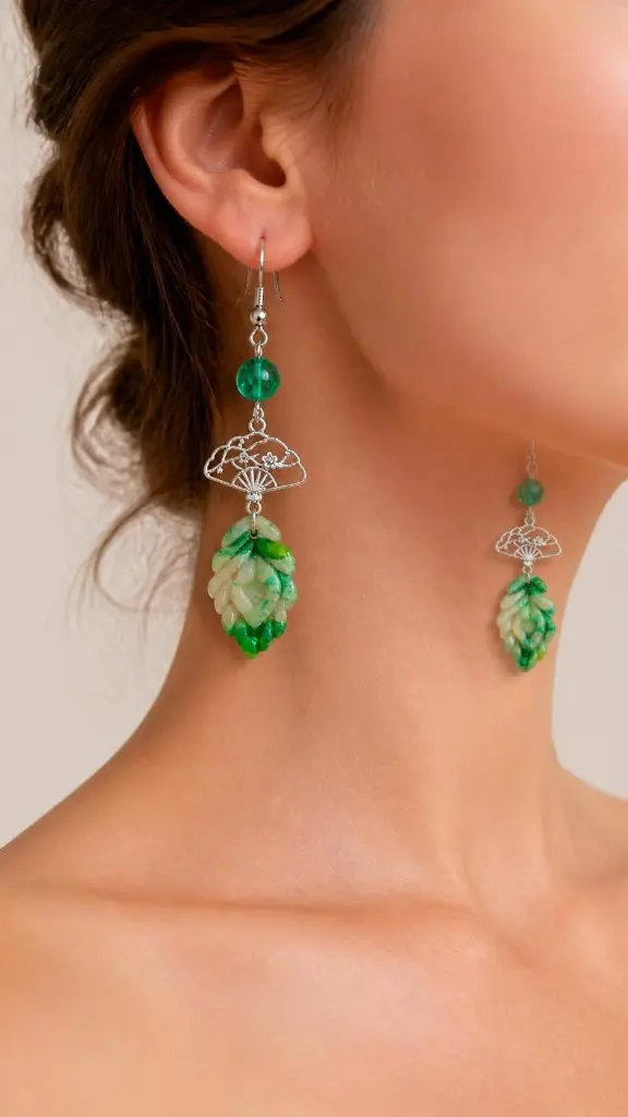 AI Generated Éventail d’Émeraude – boucles d’oreilles sur modèle humain