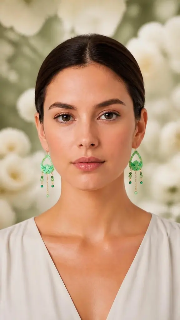 AI Generated Cascade Émeraude – vue de face sur mannequin, fond floral.webp