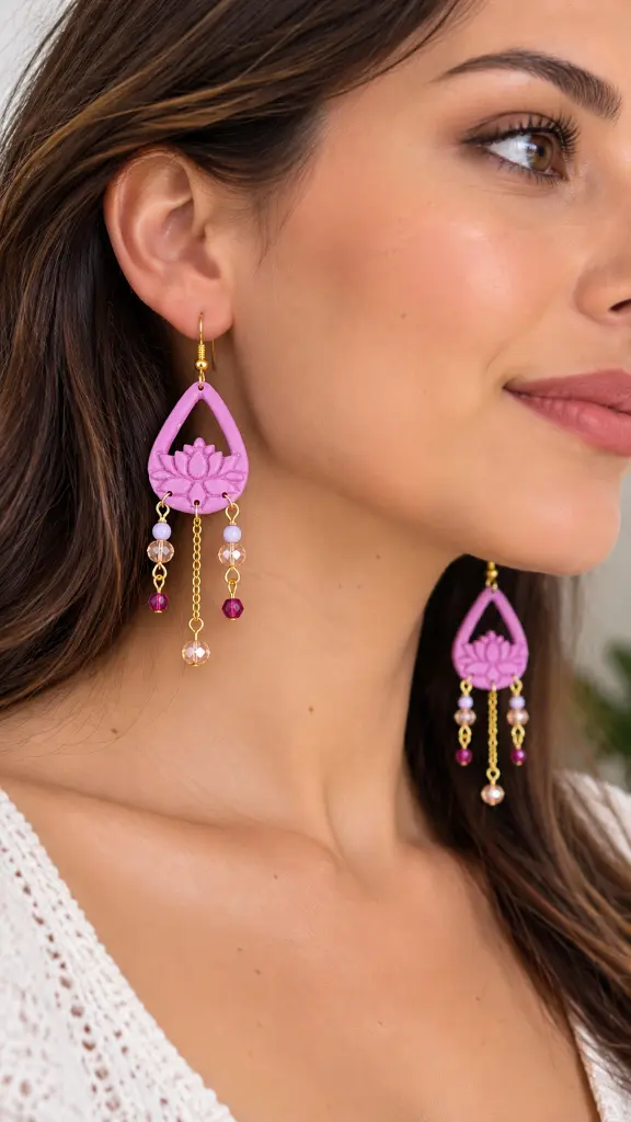 Portrait beauté avec boucles d’oreilles lotus lilas.webp
