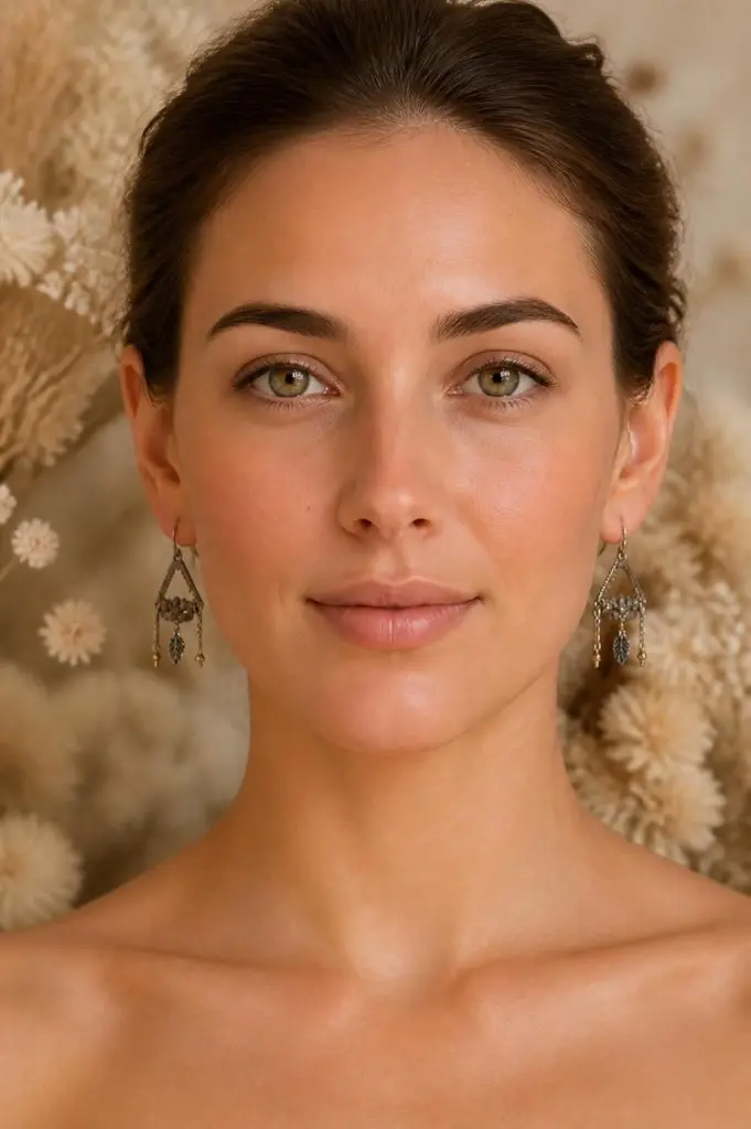 AI Generated Brume Sépia — porté sur mannequin, vue de face, fond floral