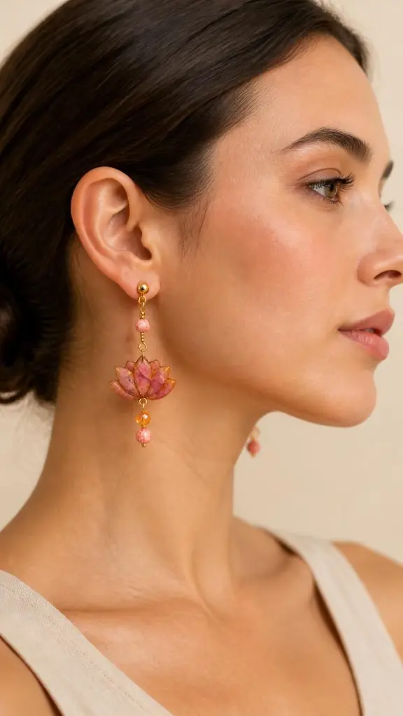 AI Generated Lotus Marbré – boucles d’oreilles portées, vue de profil