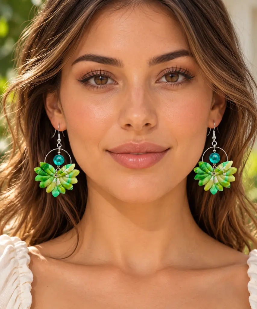 Portrait lumineux avec boucles d’oreilles feuillage vert.webp