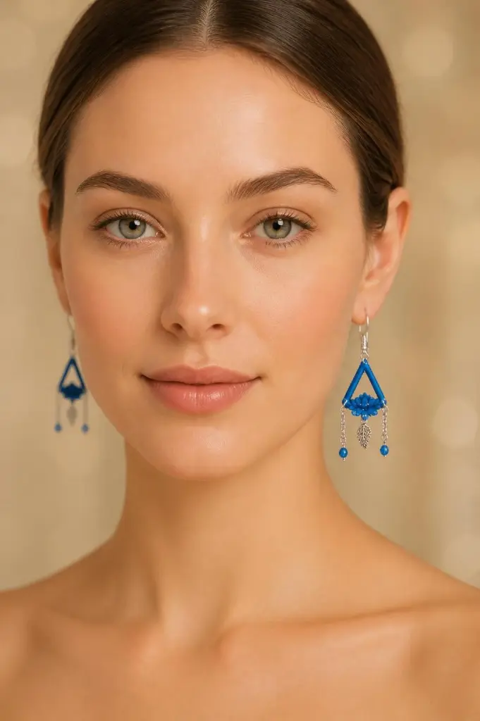 AI Generated Boucle d’oreille bleue – photo portée vue de face